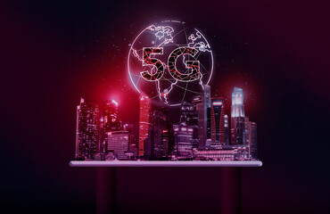 5G network concept with Singapore skyline in the background