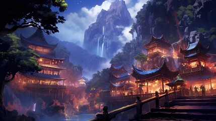 Japanese anime style mountain village night