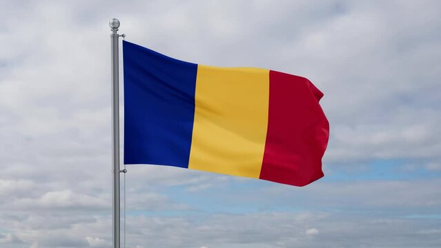 Romania looped flag waving in the wind with blue sky and running clouds, cycle seamless loop video