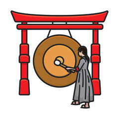 Asian woman beating large gong isolated vector illustration for Day Of The Gong on June 21