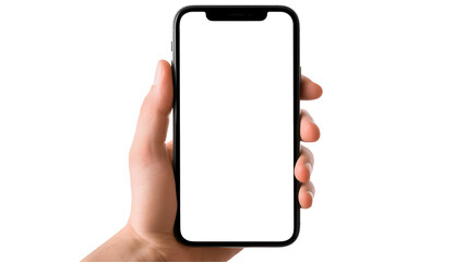Hand holding blank smartphone on transparent background - obrazy, fototapety, plakaty