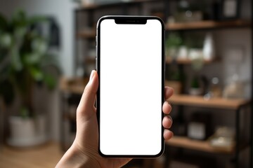 Empty screen smartphone on hand, living room blue background, Generate with Ai.