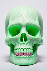 A mysterious and eerie halloween scene of a green skull adorned with pink dots, its hollow eyes staring into the soul, stirring up feelings of fear and fascination