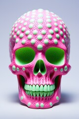 This hauntingly beautiful image of a pink skull with green dots, perfectly captures the eerie essence of halloween and the skeletal bones of mortality
