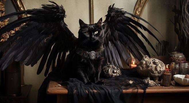A creepy halloween statue of a cat with wings and a skull stares ominously from an indoor perch, evoking a sense of eerie beauty
