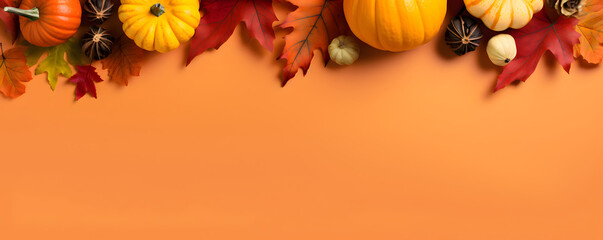 Autumn vegetables and leaves composition in orange colors banner - Artistic food design theme