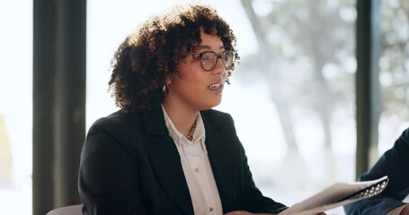 Business people meeting, portfolio and woman discussion on financial proposal, contract negotiation or investment deal. Group collaboration, finance attorney team and advocate reading legal documents