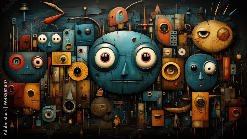 Poster A painting of a group of robots with eyes. Digital image.