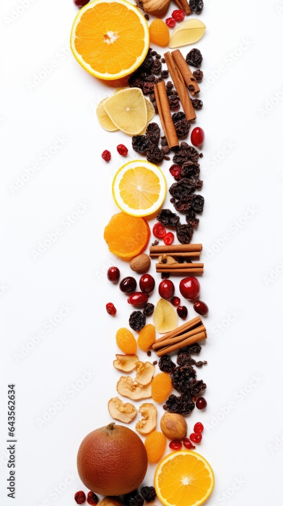 Poster a number of different fruits and vegetables on a white surface. digital image.