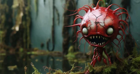 Fotobehang Evil red mutated fungus spore, monstrous sharp and dangerous teeth, nightmare swamp creature, deadly flesh eating parasite - generative AI © SoulMyst