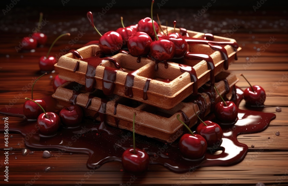 Poster a stack of waffles covered in syrup and cherries. digital image.