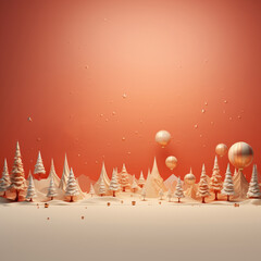 Christmas card with copy space. Landscape of a snowy forest full of pine trees. salmon color