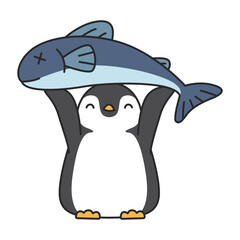 Cute penguin with a big fish on its head. Vector illustration.