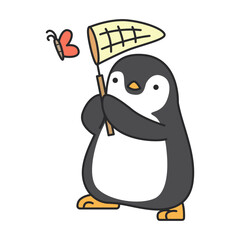 Cute penguin holding a fishing net and butterfly. Vector illustration.