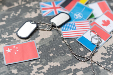Fototapeta na wymiar USA and North Korea military relations, Identification dog tags on digital camouflage fabric. 3d illustration