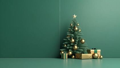 Christmas Tree Mockup Closeup isolated on green blank template background. Christmas Eve with gift boxes. Winter traditional holidays. Merry Christmas and Happy New Year concept. Copy space