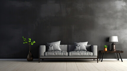 Dark living room interior with dark grey or black empty wall