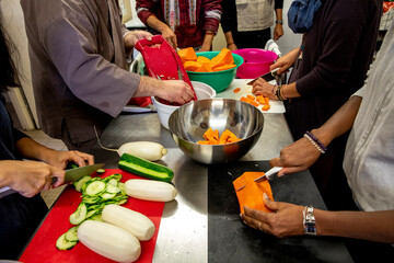 Zen sesshin (retreat) at La Trappe abbey, Soligny-la-Trappe, France. Meal preparation.
