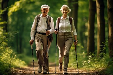 Senior couple with a sticks for nordic walk in a summer forest. Scandinavian walk in a park. AI generated - obrazy, fototapety, plakaty