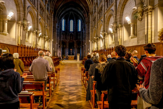 Zen sesshin (retreat) at La Trappe abbey, Soligny-la-Trappe, France.   Retreatants attending evening prayer.