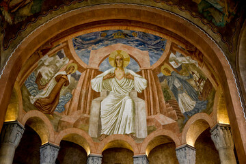 Fresco in the chancel of Sainte GeneviÃ¨ve cathedral, Nanterre, France.