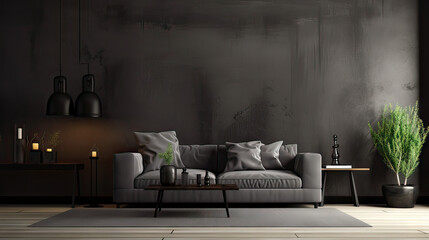 Dark living room interior with dark grey or black empty wall