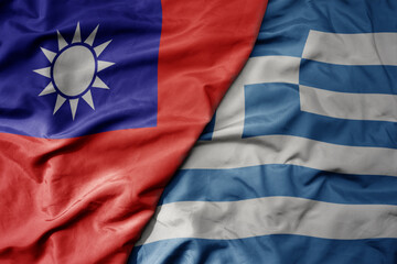 big waving national colorful flag of taiwan and national flag of greece .