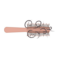 Hair loss icon. Hairbrush with a bunch of hair. Fell out strands on a comb. Alopecia problem symbol. Grooming and haircare concept. Medical vector illustration.