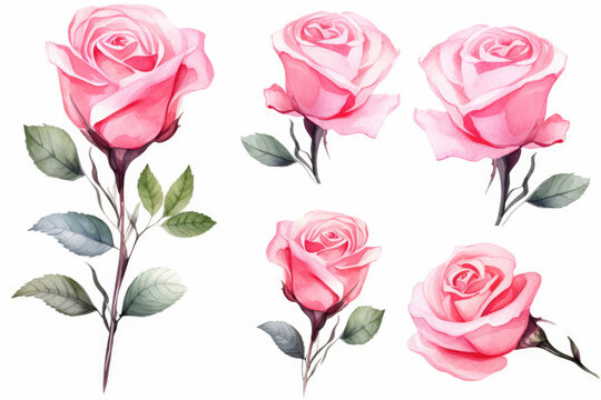 Watercolor image of a set of rose flowers on a white background