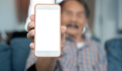 Male hand showing blank mobile display mockup template of cell phone display for apps advertising...