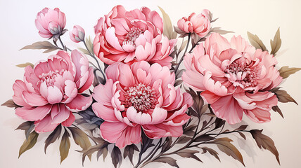 Watercolor flowers and peony buds.Generative AI technology.