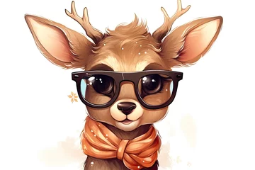 Deurstickers cute little deer with sunglasses on winter landscape illustration © krissikunterbunt