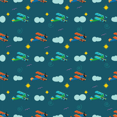 Fototapeta na wymiar kids sunny day and an aeroplane with blue background seamless repeat pattern
