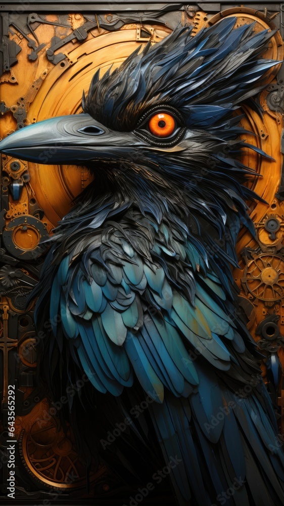 Poster a close up of a bird with a clock in the background. digital image. halloween character.