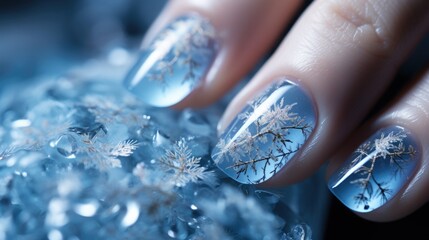 Christmas nail design that features classic Christmas elements, with snowflake patterns, and a touch of shimmer