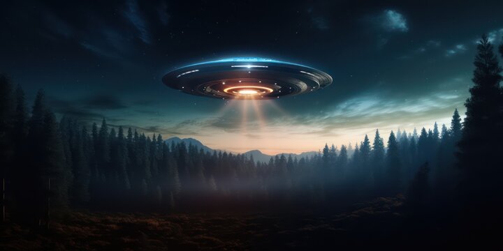 Alien spaceship over the night forest. Night photography of a UFO
