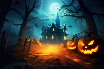 Fototapeta na wymiar Halloween pumpkin and haunted old house at night
