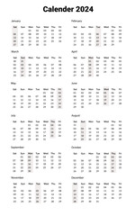 2024 Calender Format Template,English Calender