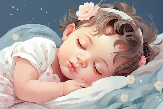 cute baby girl sleep in bed illustration