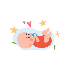 Baby gnaws on a teething toy ring lies on its back, flat vector isolated.