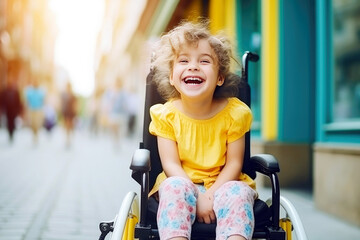 Wheelchair wonders: cute disabled child's happy street adventure, text space