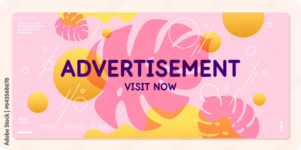 Poster vector graphics in a trendy style with geometric elements and tropical leaves. template for the desi