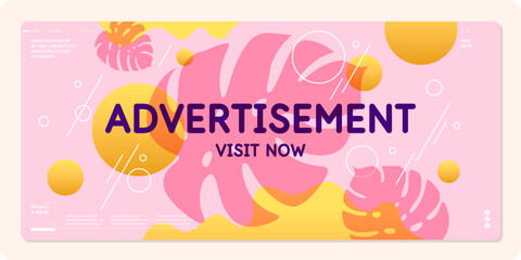 Vector graphics in a trendy style with geometric elements and tropical leaves. Template for the design. Summer poster.