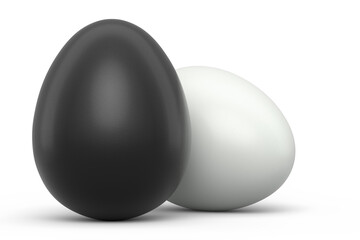 Farm raw organic black and white eggs for morning breakfast on white background