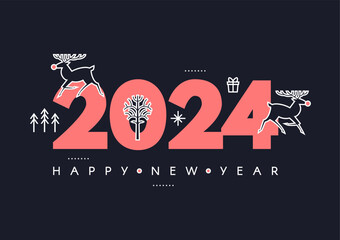 Happy New 2024 Year card template with deer and gifts. Minimal text template