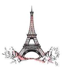 Eiffel Tower in France with trees, straight view, pink watercolor doodle sketch, vintage postcard, France symbol sticker. Modern engraving on a white background.