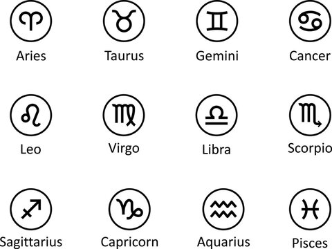 Zodiac signs, vector. Horoscope. Zodiac signs symbols: Aries, Taurus, Gemini, Cancer, Leo, Virgo, Libra, Scorpio, Sagittarius, Capricorn, Aquarius and Pisces.