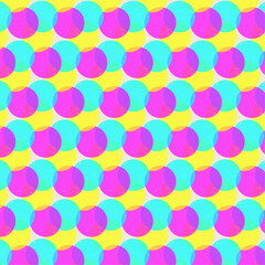 Abstract geometric pattern Cyan magenta yellow halftone circle template CMYK circles. Colorful background. Cartoon rainbow symbol Vector illustration