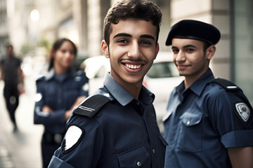 A group of young people in police uniforms on the street, symbolizing pride.