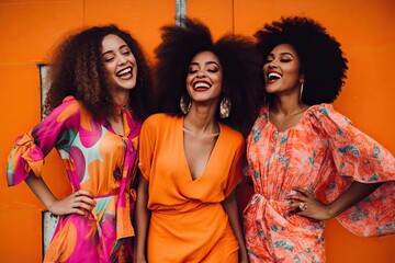 Three young and stylish women are enjoying a fun outdoor summer party. They represent friendship, beauty and a vibrant modern lifestyle.